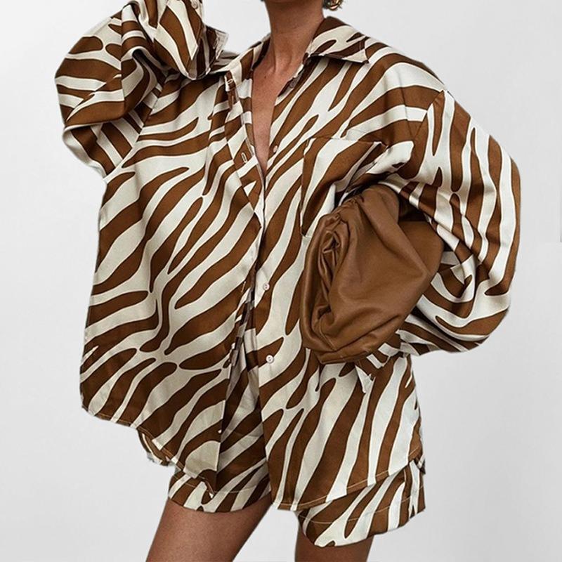 Women Fashion Printed Long Sleeve Shirt And Shorts Casual Two Piece Set