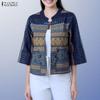 Women Ethnic Print Casual Stand Collar 3/4 Sleeve Cardigan Blouse