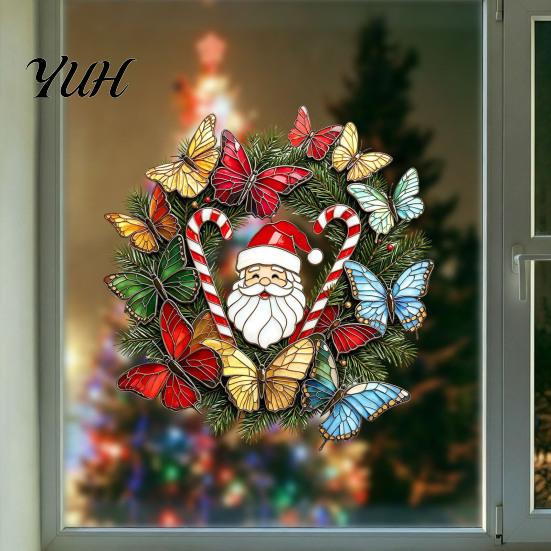 Creative Window Stickers for Home Christmas Wreath Sticker, Stained Glass Style, Removable Santa Butterfly Candy Cane Party Decor Decal, PVC