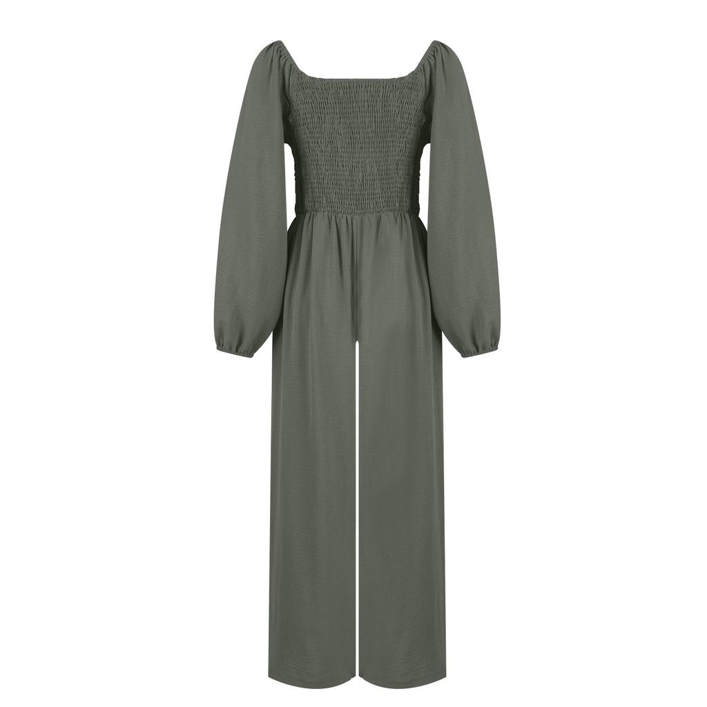 Women's Casual Solid Color Elastic Waistband Raglan Sleeves Draped Wide Leg Jumpsuit