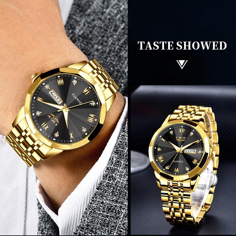 LIGE men's watch top brand original men's quartz watch waterproof stainless steel band calendar week simple fashion daily wear