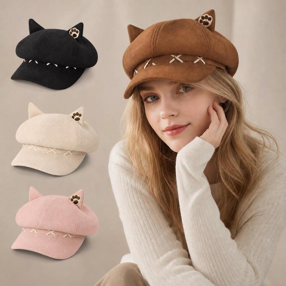 Cat Ear Winter Hat Bow Octagonal Hat Fashion Beret Cap Women