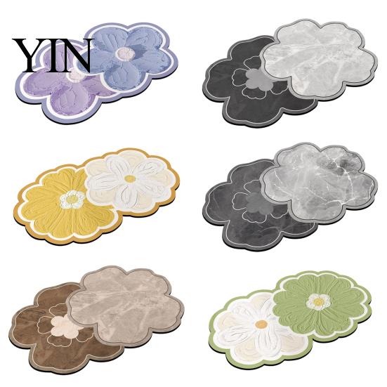 Easy Clean Shower Mat Double Flower Bath Mat, Super Absorbent Diatomaceous Earth Rug, Non-Slip Floral Water Rug Quick Dry Floor for Home Entrance