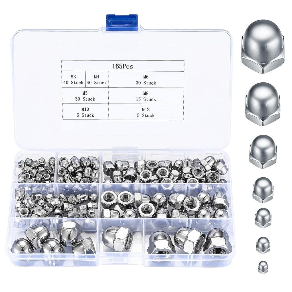 165PCS304 Stainless Steel Cover Nut Set M3M4M5M6M8M10 Integrated Semi-round Cover Nut Box