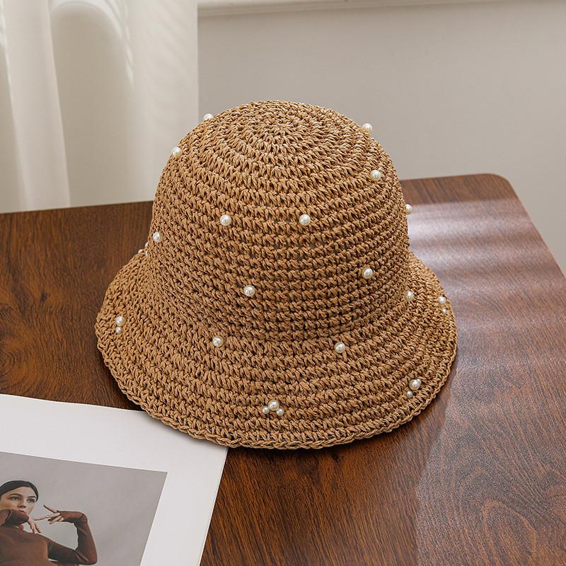 Summer Straw Hat For Women With Pearl Decor And Wide Brim Sunshade For Outdoor Sun Protection