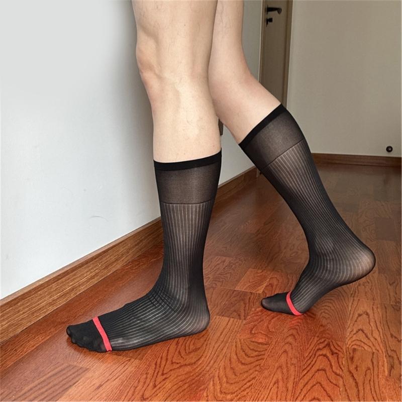 Mens Nylon Sheer Suit Socks Business Dress Socks Contrast Color Striped See Through Formal Dress Over the Calf Stockings