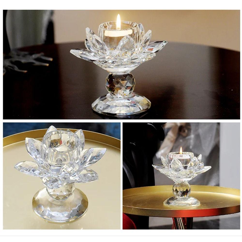 Durable Crystal Lotus Candlestick Elegant Lotus Flower Figurines Glass Candle Stand  Coffee Table