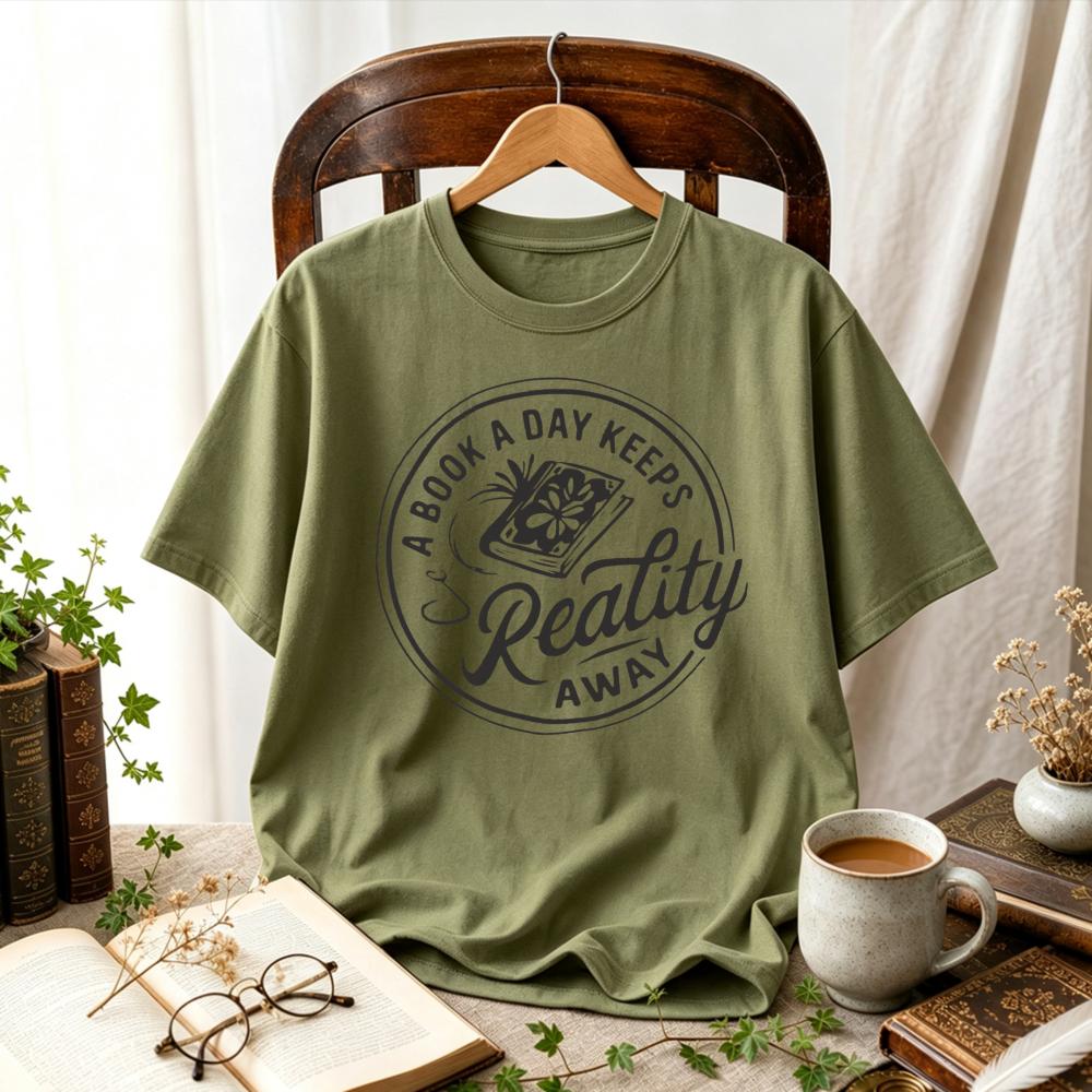 Women A Book A Day Keeps Reality Away Circular Book Graphic TShirt Book Lover Tee Vintage Reading Quote Cottagecore Casual Tops