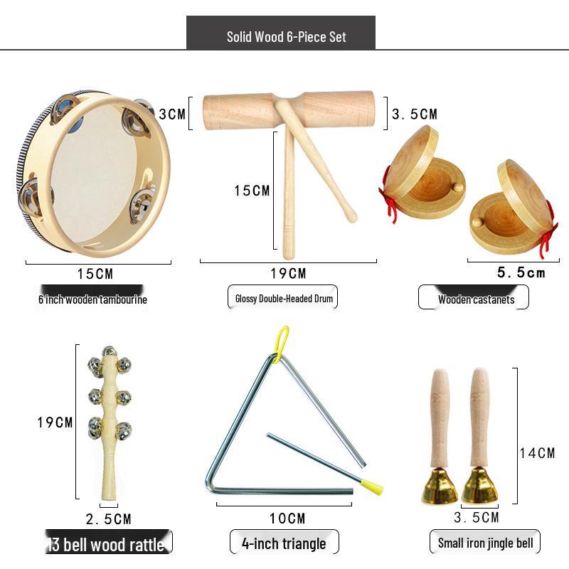 Детские музыкальные инструменты Орфа: Треугольник, Кастаньеты, Маракасы, Бубен, Деревянные бруски, Тарелки