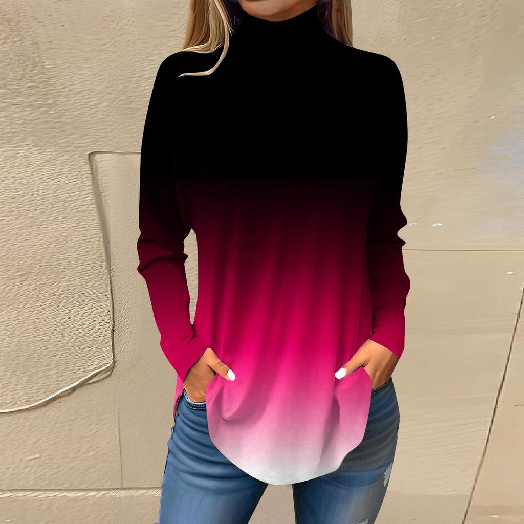 Футболки для женщин, осенние повседневные рубашки с длинными рукавами, толстовка с винтажным принтом, топ с высоким воротом, пуловер