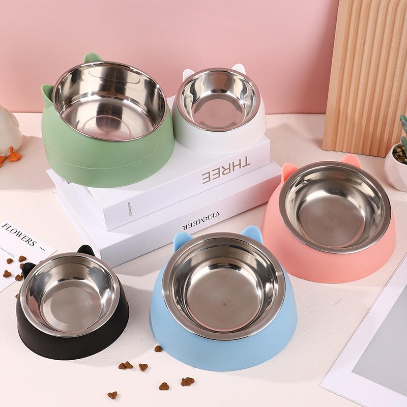 Cat Ear Shaped Elevated Stainless Steel Pet Bowl Non-Slip Scratch Resistant Feeder for Small Cat Dog Food Water