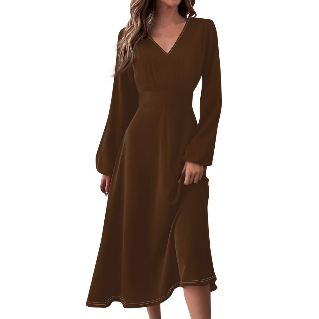 Women's  And Winter Casual Fashion V-neck Long Sleeve Solid Color Long Dress