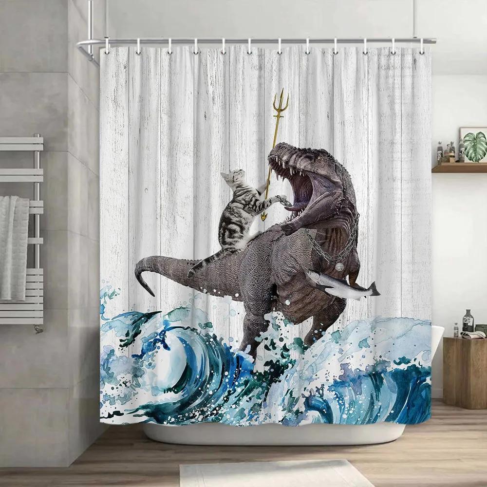 Смешная занавеска для душа Brave Cat Cartoon Душевая занавеска Waves Ocean Decor Ткань Душевая занавеска Set with Hooks Bathroom Decoration