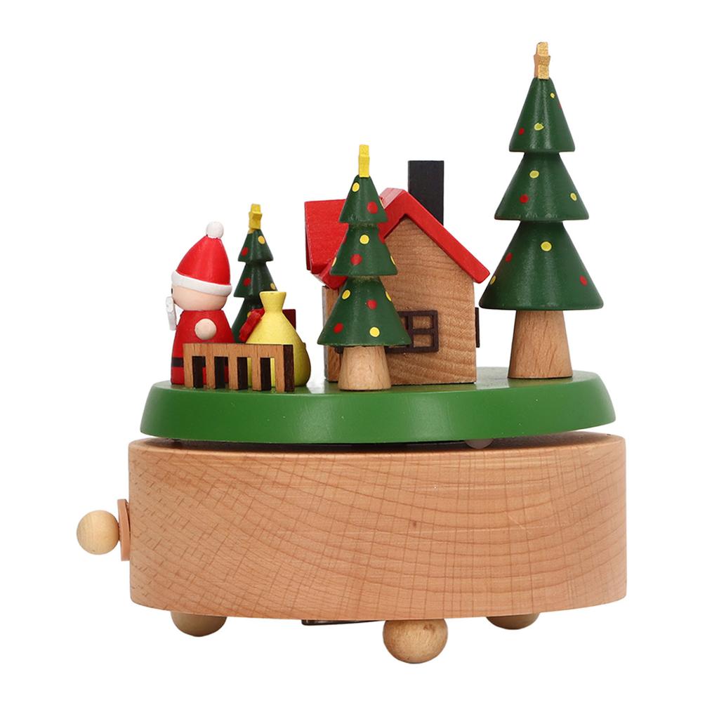 Wooden Rotating Music Box Round Bottom Santa House Christmas Music Box for Decoration Wooden Round