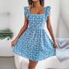 Women Spring Summer Square Collar Sleeveless Strapless High Waist Daisy Print Casual Resort Dress S-XL