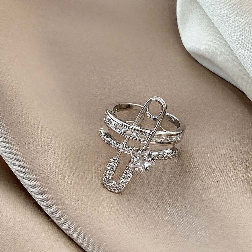 Girls Exaggerated Zircon Double Layer Pin Design Finger Rings Copper Fashion Jewelry Open Ring