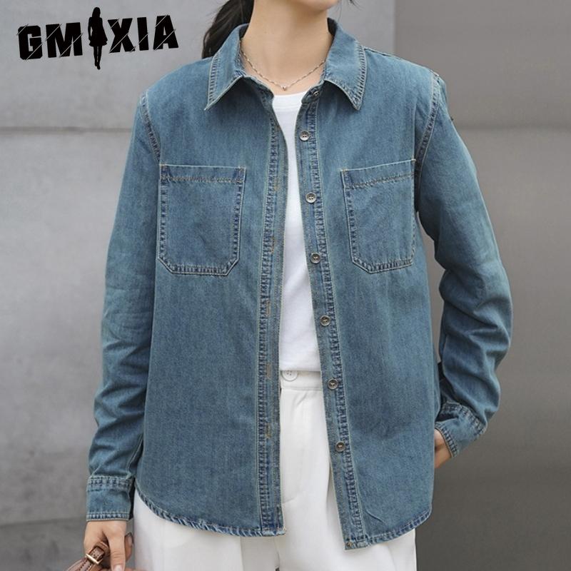 GMXIA Винтажная рубашка Do Old Blue из мягкого денима, женская осенняя рубашка All-in-one с длинным рукавом и складками на плечах