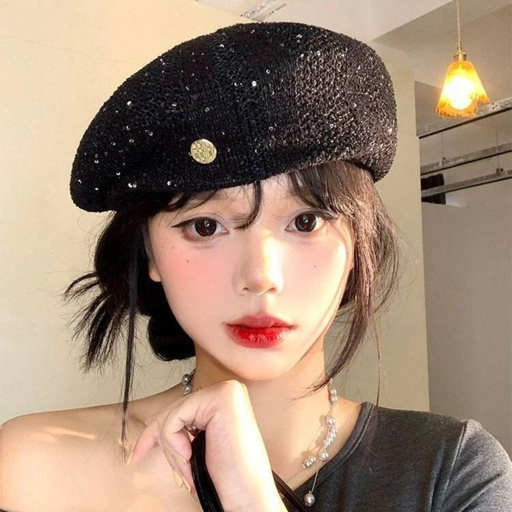 Paillette Weave Hat Breathable Crochet Knitted Cap Elegant Sequin Beret Hat Beach