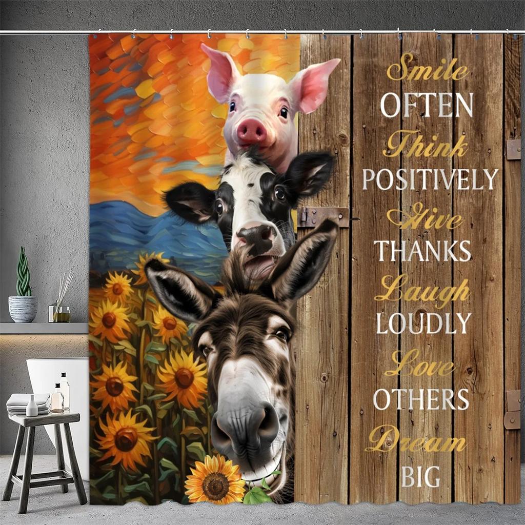 Farm Animal Shower Curtain, Oil Painting Farmhouse Barn Door Donkey Cow Pig Sunflower Spring Bathtub Partition Bathroom Decor