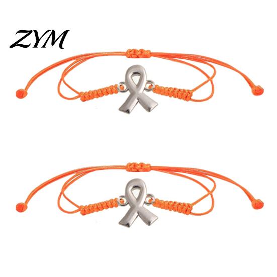 Flexible Knot String Bracelet 2PCS Hand-woven Braided Bracelets with Metal Ribbon Pendant, Adjustable Cord Awareness Charity Event Commemorative