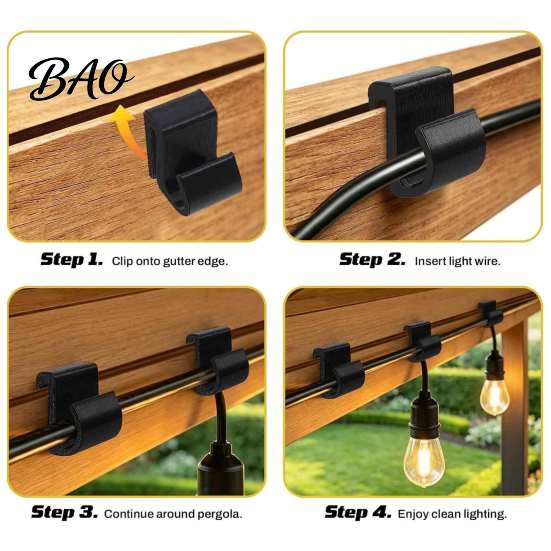 Easy Install String Light Hooks Pergola Cable Clip, Outdoor Wire Organizer Hook for 3-8mm Strings, Tool-Free Snap-On Versatile Groove Edge Clamps