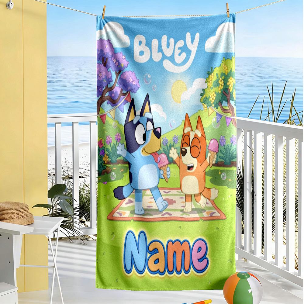Bluey Cat Adventure Customize Text Beach Towel Soft Durable Quick-Dry Perfect for Traveling Yoga Camping and Swimming