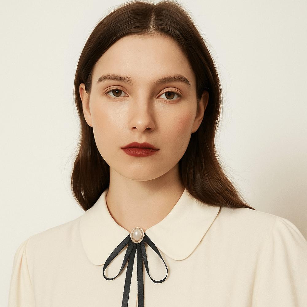 Pearl Black Ribbon Pin Solid Color Funerals Memorial Pin Simple Black Bow Necktie Girl