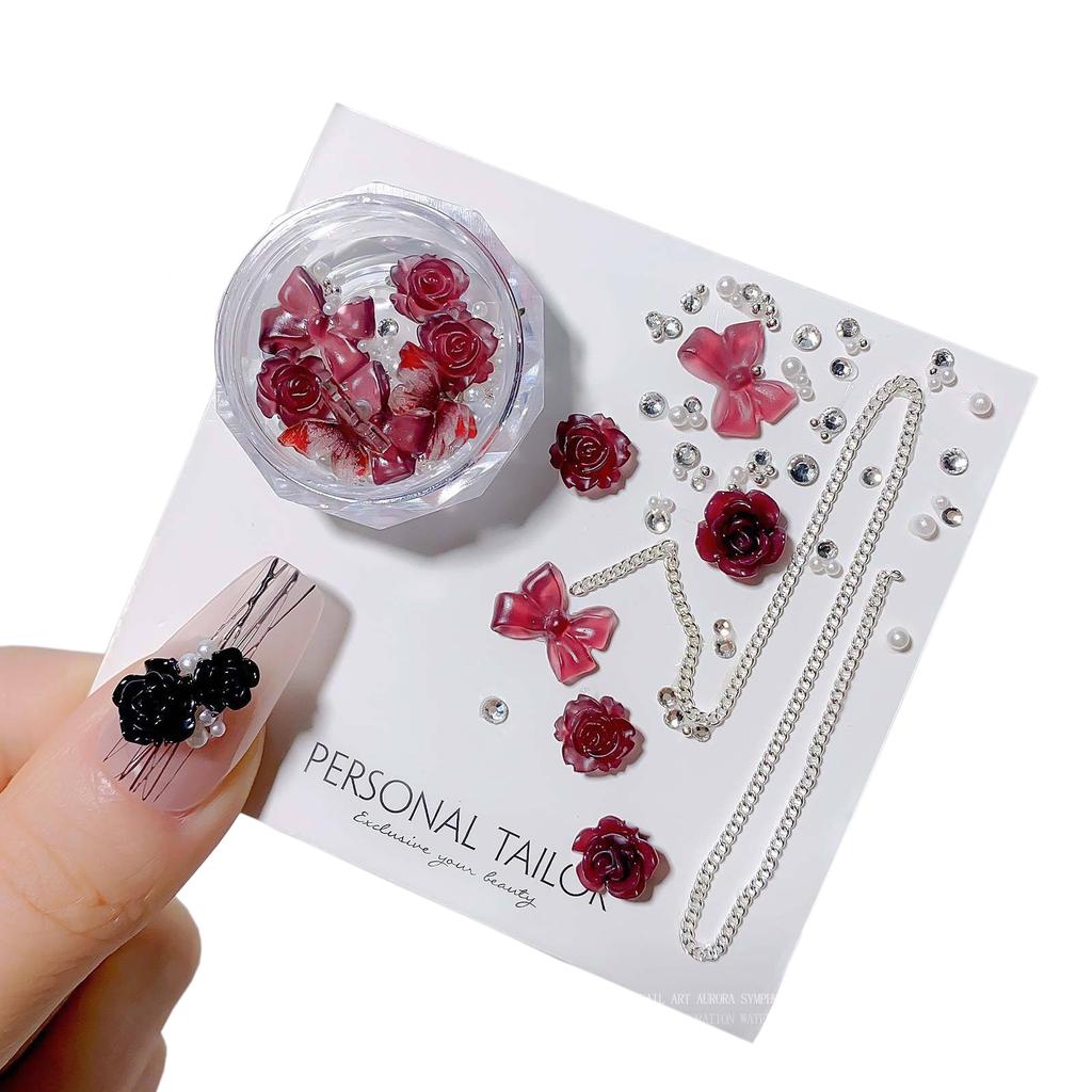 3D Camellia Flowers Butterfly Nail Art Accessories Set, with Rhienstones Beads Chain for DIY Nail Decoration