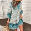 Women Fashion Print Bohemian Dress Summer Casual V-neck 3/4 Sleeve Short Dress