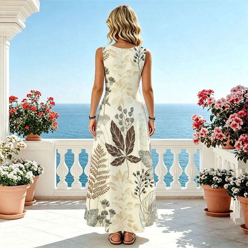 Sleeveless Botanical-Themed Maxi Dress,Lightweight Flowy Summer Casual Dress for Women,Perfect for Beach Vacations