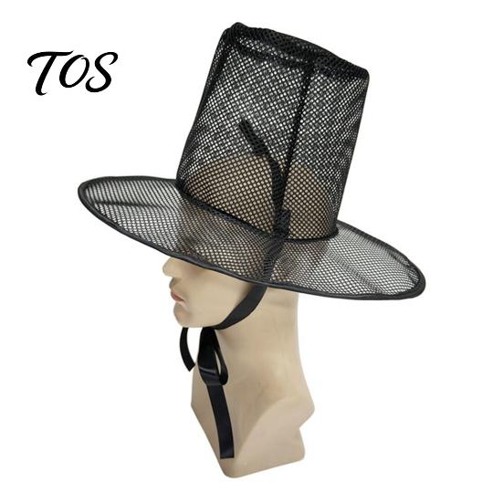 Crisp Fabric Hat Vintage Korean Gat Hat, Black Mesh Wide Brim Joseon Dynasty Three-dimensional Design Scholar with Neck Strap, Halloween Cosplay