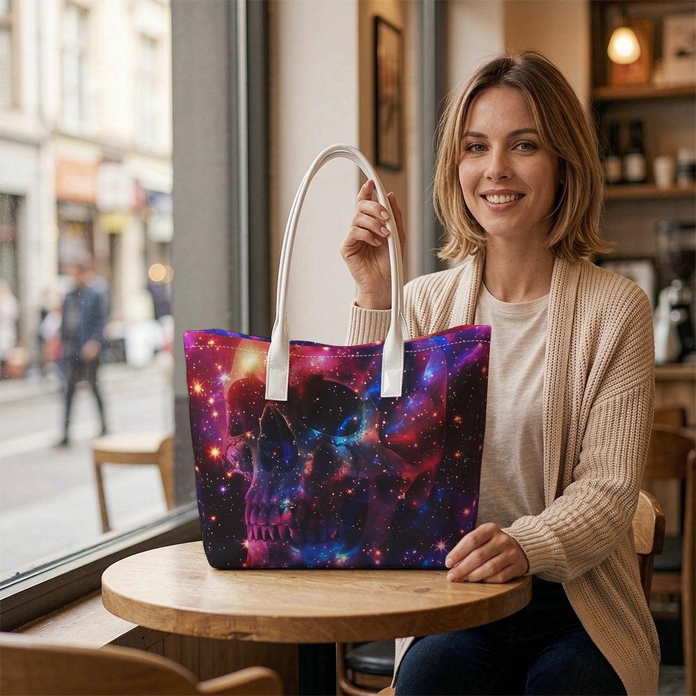 Galaxy Skull Print Tote Bag Large Capacity Casual Shopping Shoulder Bag Daily Use