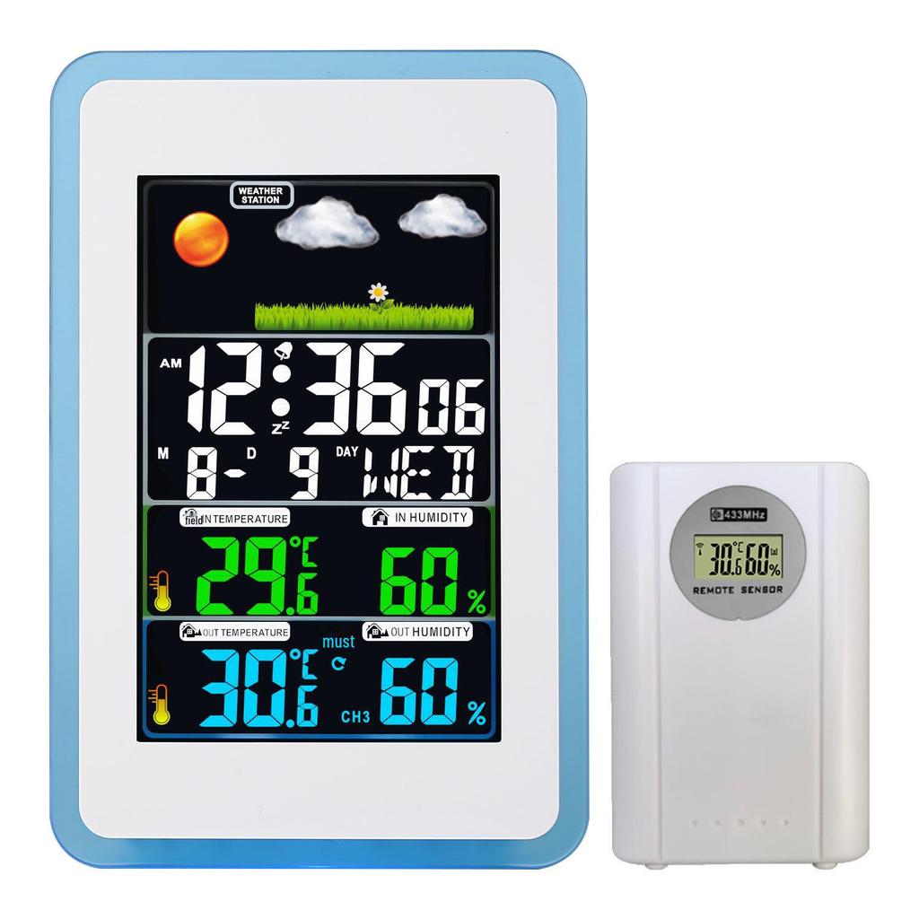 «Беспроводные часы с прогнозом погоды 433 МГц, цветным дисплеем, контролем температуры и влажности в помещении и на улице, а также двойным будильником»