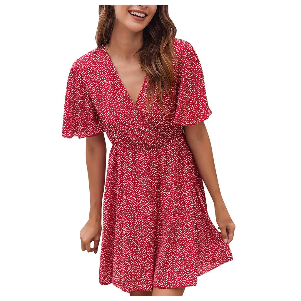 Женское летнее мини-платье трапециевидной формы с рюшами и короткими рукавами и V-образным вырезом 2022 года