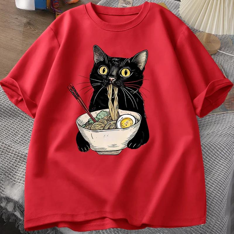 Футболка с изображением лапши Ramen Cat, футболки Foodie Lover, черные футболки с изображением лапши Cat, повседневная футболка с коротким рукавом в стиле ретро для мужчин и женщин, одежда