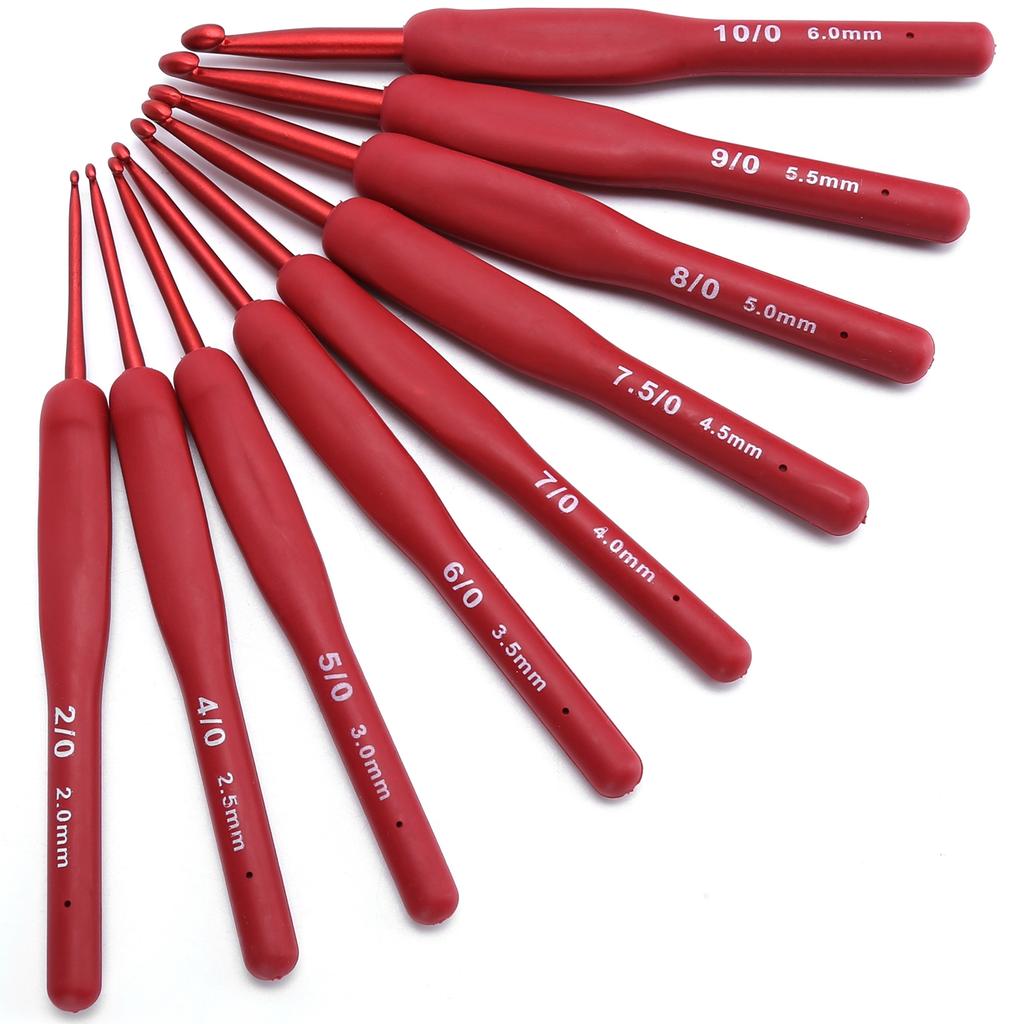 9Pcs Ergonomic Crochet Hook Sweater Sewing Thread Red Handle Craft Accessories Knitting Tools