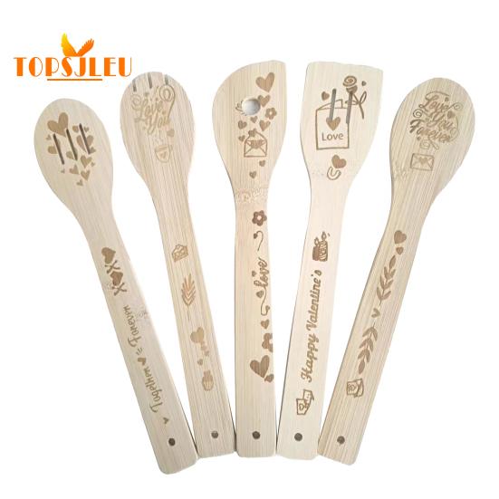 5 шт. бамбуковые кухонные ложки с гравировкой, забавный узор, гладкая поверхность, прочная деревянная лопаточка, кухонная утварь с длинной ручкой