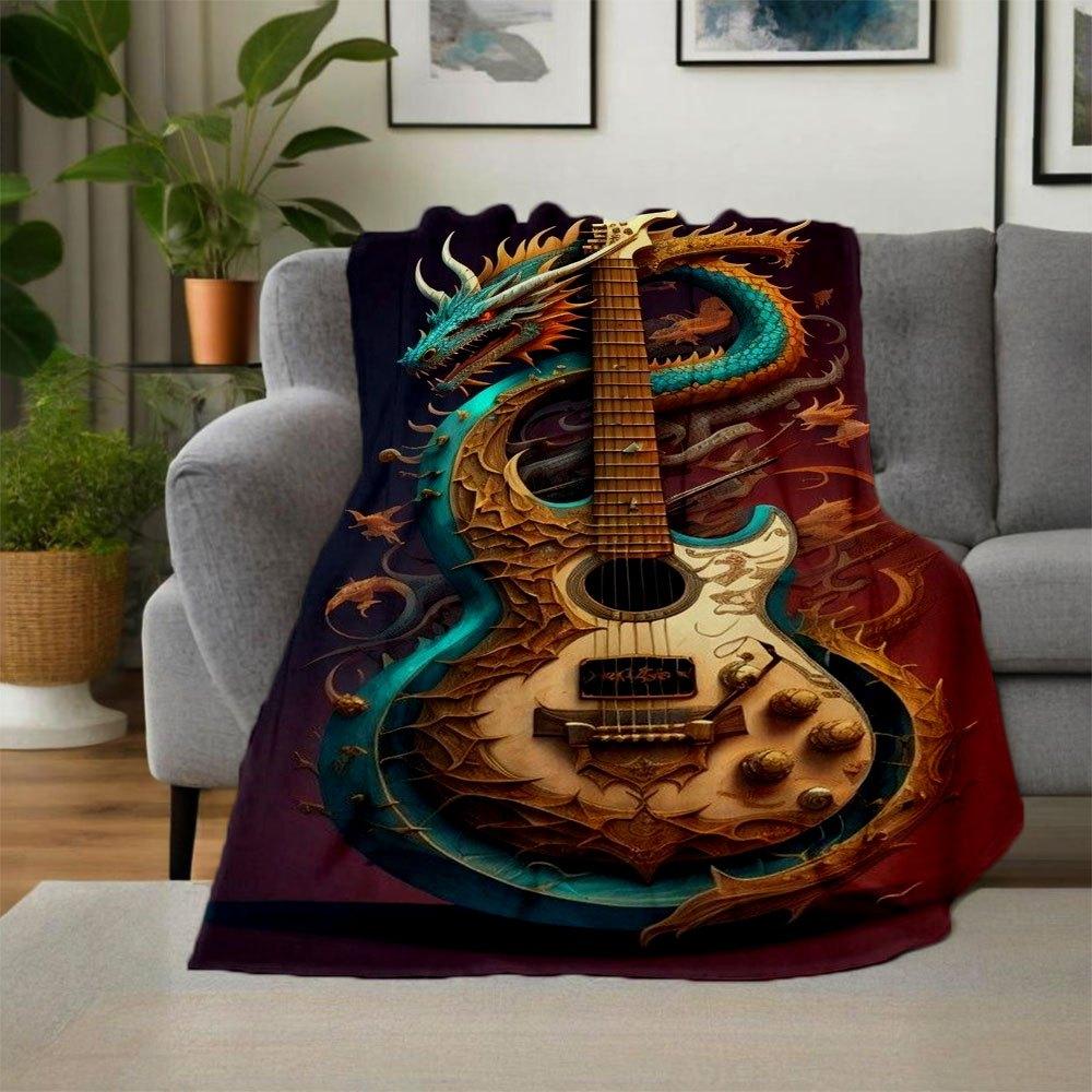Dragon Guitar Art Print - Fantasy Music DecorBlanket Flannel Throw Blanket for Sofa, Bed, Travel, Camping, Office