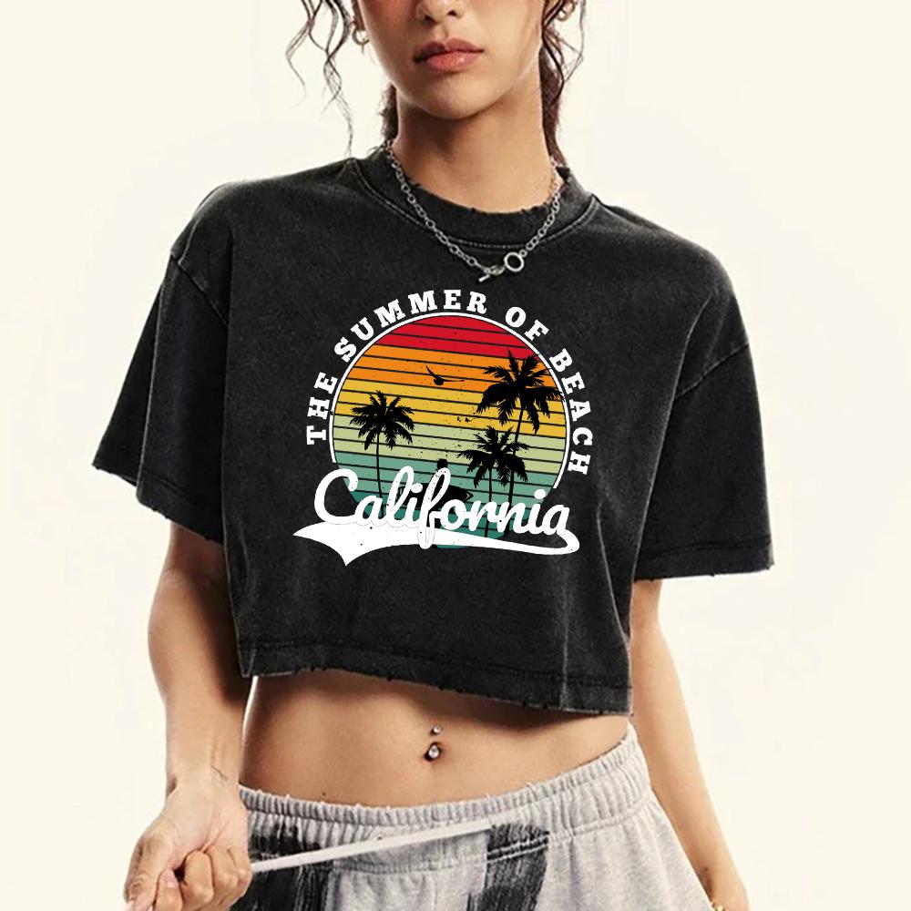 The Summer Of Beach California Cocoa Palm Printed Women Washed T-Shirts Retro O-Neck Tee Shirt Cotton T Shirt Top