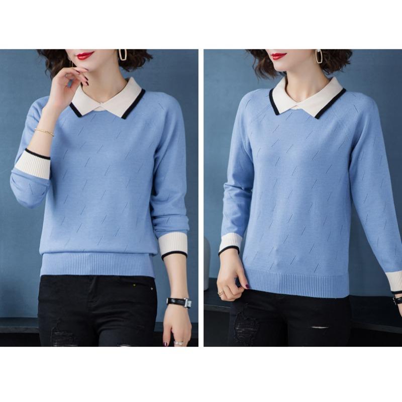 Женский трикотажный свитер с воротником поло и длинными рукавами, свободный повседневный свитер, однотонный короткий свитер для поездок на работу на осень и зиму