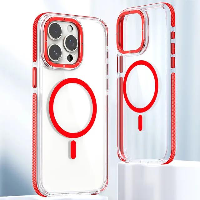 Чехол для iPhone 15 14 13 12 11 Plus Pro Max с цветной рамкой, магнитный чехол Magsafe для беспроводной зарядки, прозрачный корпус, защита от падения, чехлы