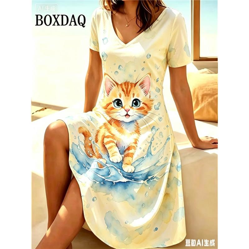 Women 3D Cats Print Dress Fashion 2026 Funny Kawaii V-Neck Home Dress Female Clothing Plus Size Summer Casual Short Sleeve Dress