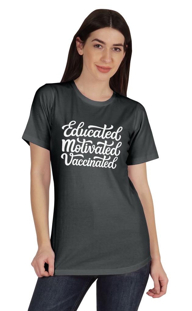 Inkmeso Educated Motivated Vaccinated Funny Pro Vaccine Crew Neck T-shirt For