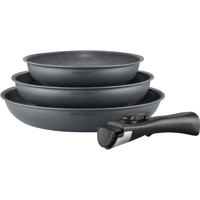 ARTHUR MARTIN AM521GM Cookware Set of 3 Frying Pans - Matt Grey 20-24-28 Cm + 1 Removable Handle - All Hobs Including Induction