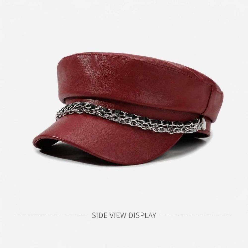 PU Leather Beret Hat Silver Chain Decor Octagonal Beret Cap Vintage Peaked Hat Autumn Winter