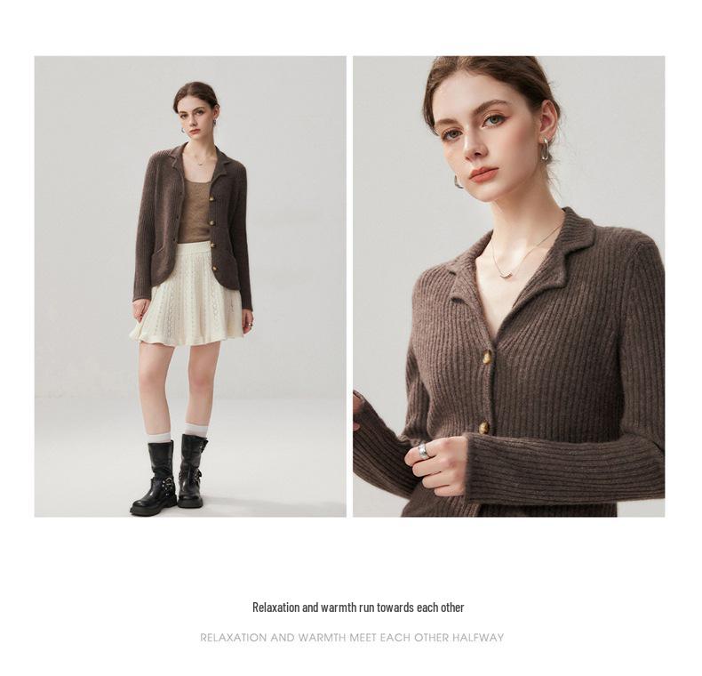 Women's Slim Fit Lapel Cashmere Cardigan - Autumn/Winter 2026 Striped Single-Breasted Elegant Base Layer