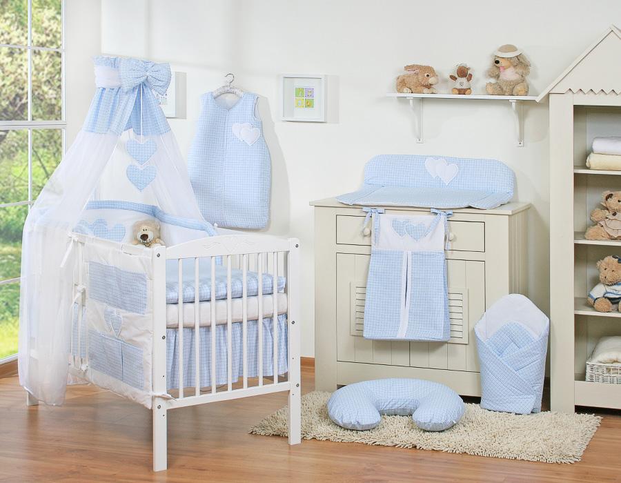 5-Piece Bedding Set 120X90 With Canopy - Hanging Hearts Checkered Blue