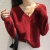 Retro Chic Christmas Red Short Pullover Sweater Women Autumn Long Sleeve V-neck Knitted Sweaters Women Winter Fashion Clothing Elegant Jumper 25215