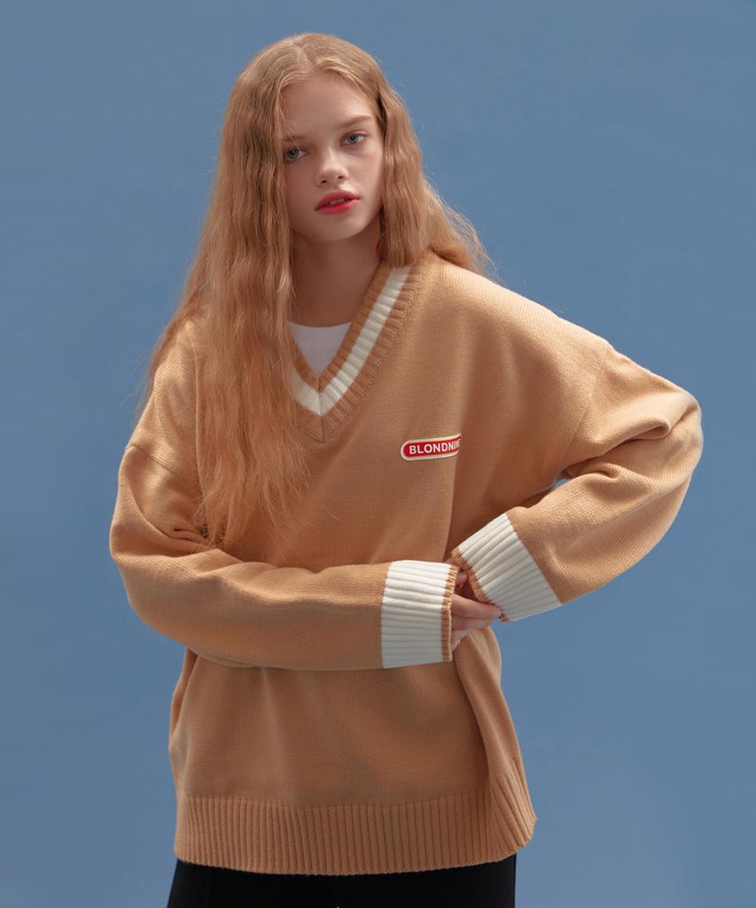 BLOND9 Basic V-Neck Knit Sweater_Beige