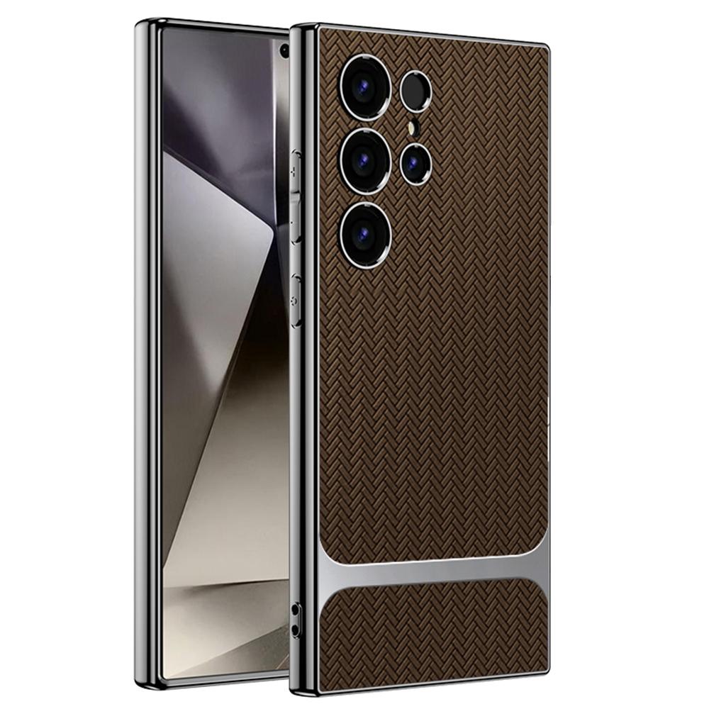 For Samsung Galaxy S24 Ultra Case Woven Pattern Electroplating TPU+PC+PU Phone Back Cover